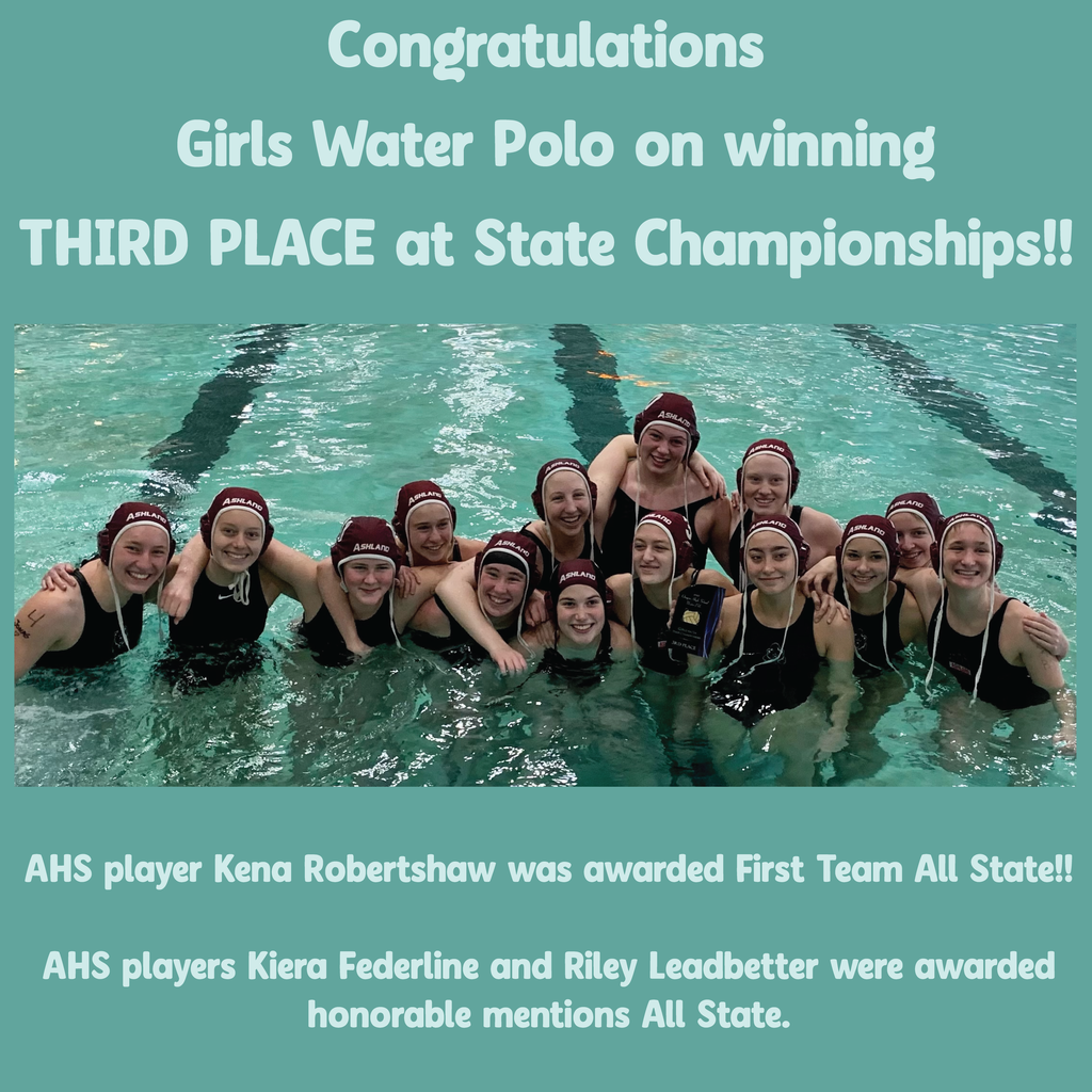 Congratulations to the  Girls Water Polo Team on winning 3rd place at State Championships!!  AHS player Kena Robertshaw was awarded First Team All State!!   St Mary’s player Tate Oliva, was awarded Second Team All State.   AHS players Kiera Federline and Riley Leadbetter were awarded honorable mentions All State.   GO GRIZZLIES!!