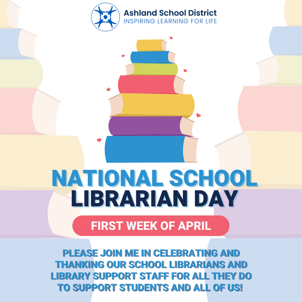 📚✨ National School Librarian Day Celebration Recap! ✨📚 On April 4th, we celebrated and thanked our incredible school librarians and library support staff for all they do to support students and all of us! 🌟 A big shoutout to Aimee, Matt, Karl, Julie, Donna, and Tori for their dedication and creativity in making our school libraries a welcoming and enriching space for everyone! 🙌 We hope everyone had a chance to give their librarians a high five and express gratitude for their invaluable contributions to our schools and community. Belated National School Librarian Day wishes to Aimee, Matt, Karl, Julie, Donna, and Tori! 🎉👩‍🏫👨‍🏫 #NationalSchoolLibrarianDay #AshlandSchoolDistrict #LibraryHeroes